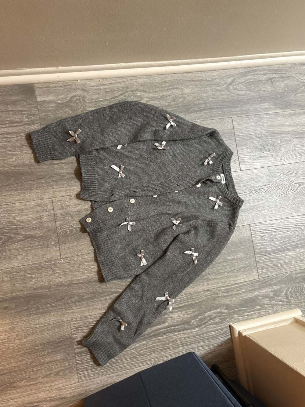 Cotton On Women's Grey Knit Button-Down Cardigan with Ribbon Bow Embellishments